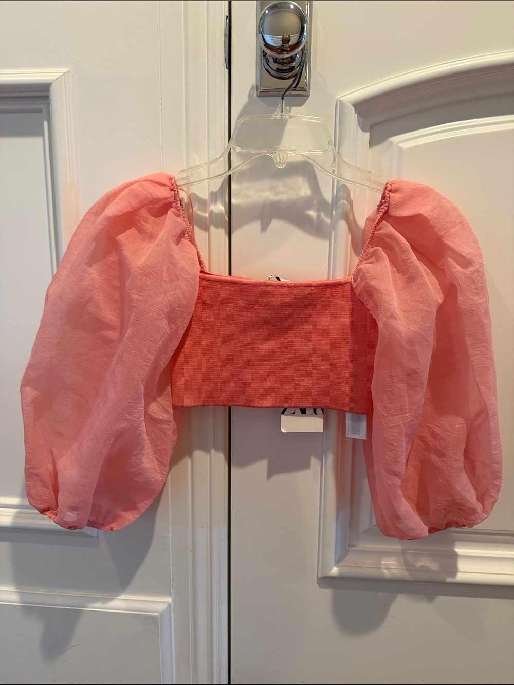 Zara Coral Pink Puff-Sleeve Crop Top